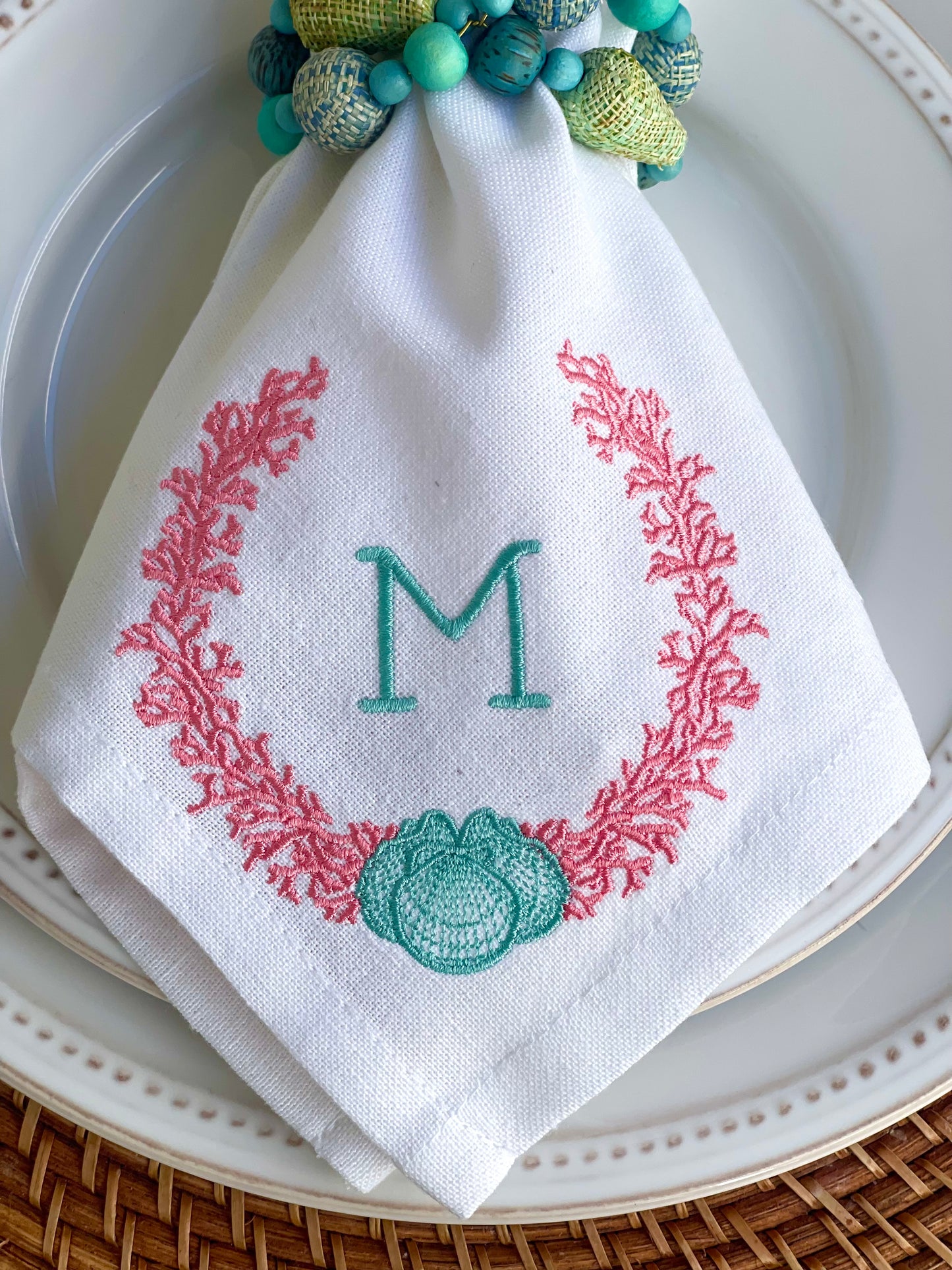 Coral Shell Monogram Luncheon Napkin