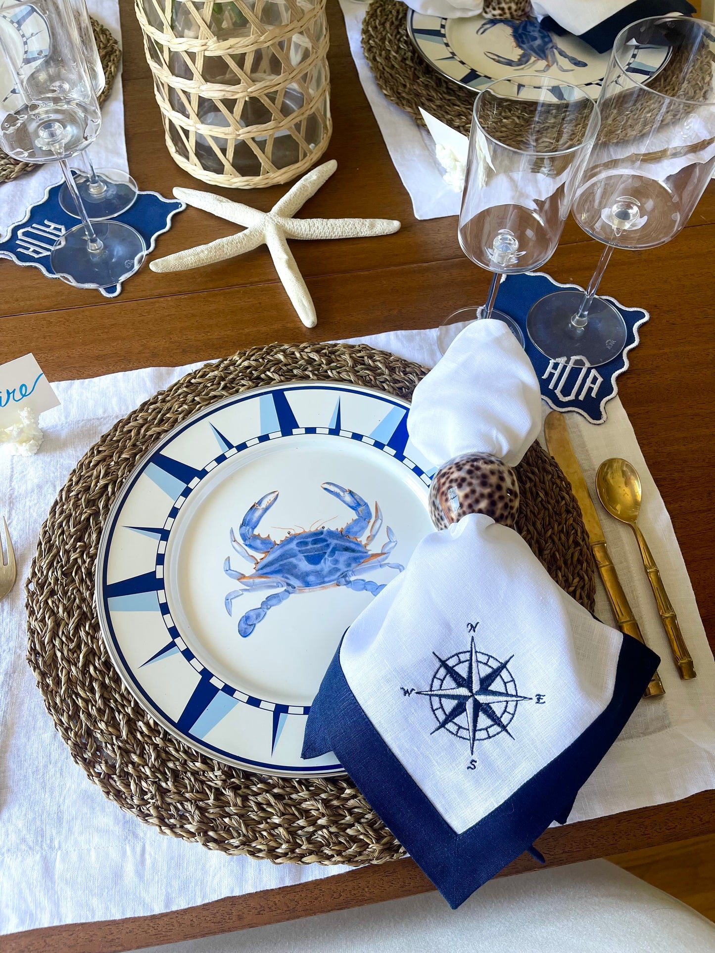 Linen Navy Trim Dinner Napkins