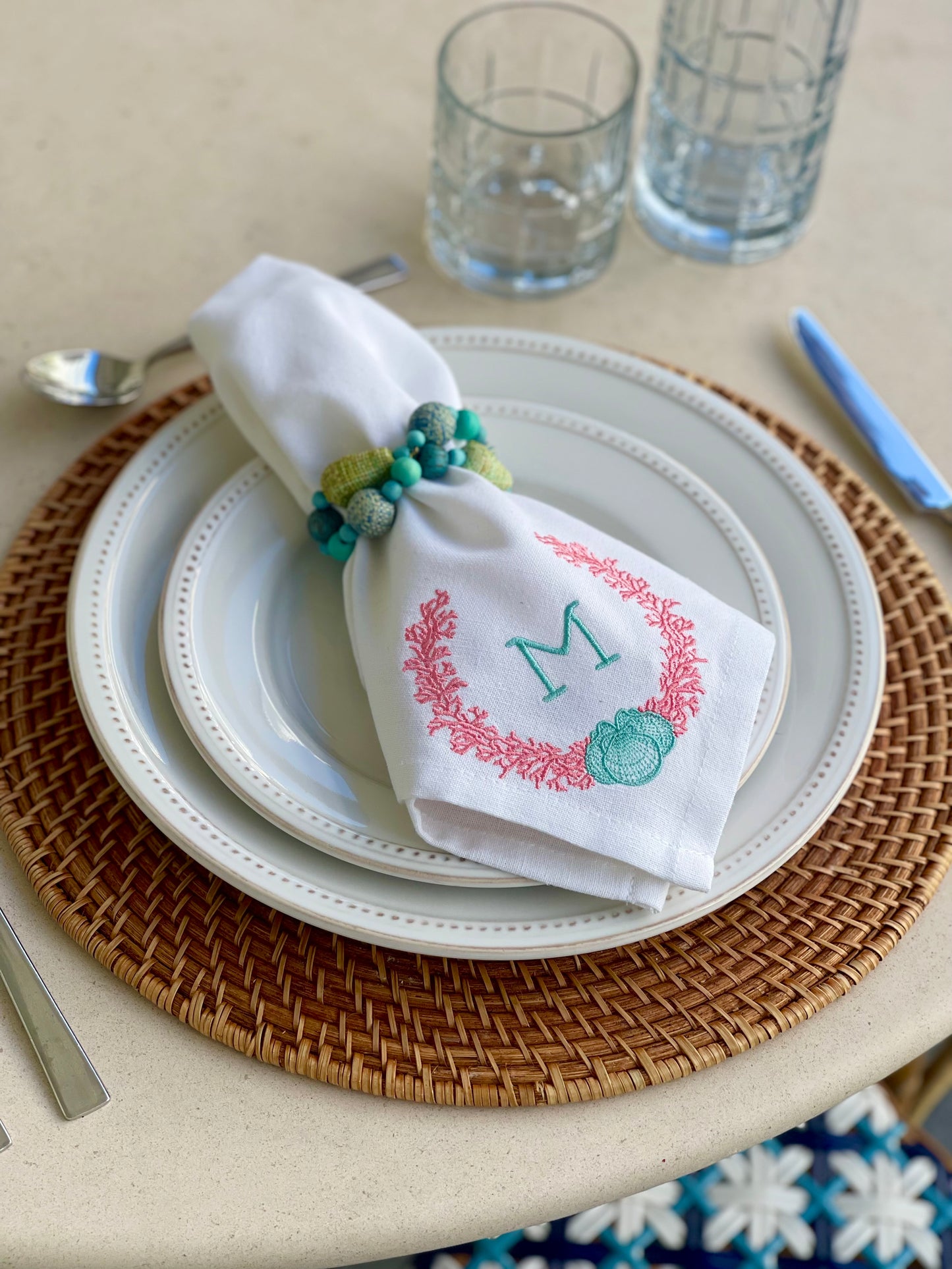 Coral Shell Monogram Luncheon Napkin