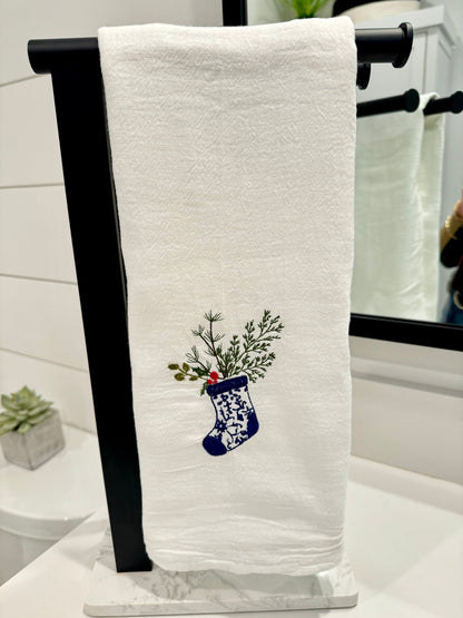 Blue Christmas Stocking Tea Towel