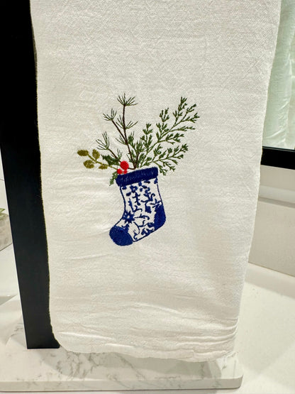 Blue Christmas Stocking Tea Towel