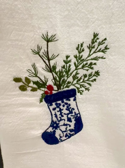 Blue Christmas Stocking Tea Towel